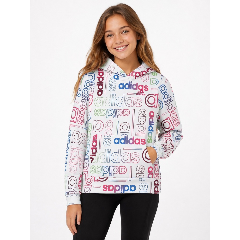 Adidas Girls Medium 10/12 Multicolor Logo Print Pullover Hoodie Sweatshirt White